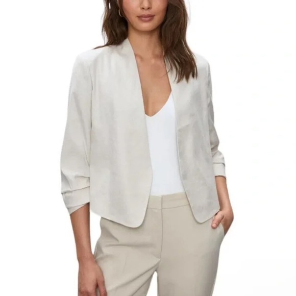 Aritzia Babaton Power Waist Open-Front Linen Cropped Blazer Jacket Beige - Sz 2 - Picture 2 of 15